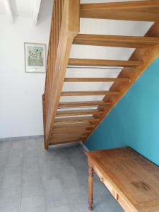 Varennes-sur-LoireBel appt 3 pièces, à l'étage, jardin privatif, au calme, 10 mn Saumur et CNPE的木楼梯,木凳在房间内