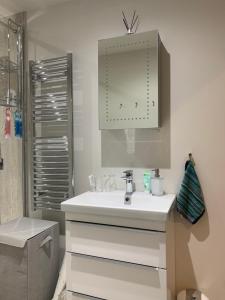 索尔兹伯里Hideaway Holiday Apartment的浴室设有白色水槽和镜子