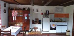 耶蒂斯特Etno guest house Lalovic的厨房配有桌子和白色冰箱。
