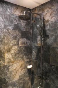 卡迪克兰Navarro Hotel的浴室里设有玻璃门淋浴