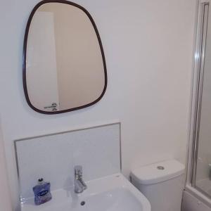 博内斯Carvetii - Norman House - 2nd floor, 1 bedroom flat的浴室设有盥洗盆和卫生间上方的镜子
