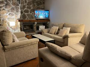 Ortigosa del MonteLa Casita de las Hortensias的客厅设有3张沙发和壁炉