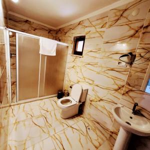 卡特佩BEYAZEV BUTİK OTEL MAŞUKİYE的浴室配有卫生间、淋浴和盥洗盆。