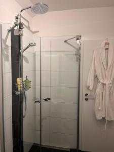 克莱沃bike & chill的带淋浴的浴室和玻璃门