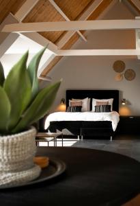 霍勒姆Appartement de Hoge Stoep的一间卧室配有一张床和盆栽植物