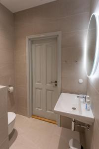 塔尔图Vallikraavi Studio Apartment的一间带水槽、卫生间和镜子的浴室