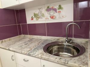 普拉亚Apartamentos Avenida的厨房配有水槽和紫色墙壁