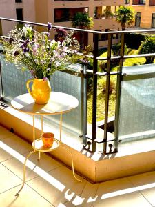 普罗旺斯艾克斯Allées Provençales的阳台上的桌子上花瓶