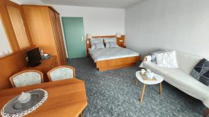 米特菲厄姆恩斯罗伊特Two Apartaments Almberg - Mitterdorf-Mitterfirmiansreut的一个小客厅,配有一张床和一张沙发