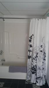 蒙特贝罗Motel Shantik的带淋浴和浴帘的浴室