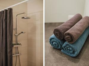 BrocēniRozenstein design apartment的浴室两张照片,配有毛巾和淋浴