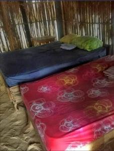 Playón ChicoArridub Island-Iguana的一张位于木制房间的床,配有红色毯子