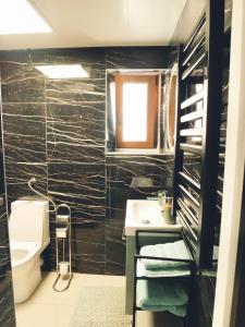 福尔巴克Studio - WIFI - Train Station - Love Bridgi home的黑色瓷砖浴室设有水槽和卫生间