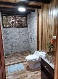 蒙泰韦尔德哥斯达黎加Tree houses Bosque Nuboso Monteverde的一间带卫生间和石墙的浴室