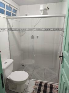 欧鲁普雷图Pouso Ponte dos Suspiros com Garagem的一间带卫生间和玻璃淋浴间的浴室