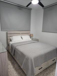 庞塞Cozy apartment in the heart of the city的白色卧室设有一张大床和一盏灯。