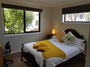 托基Torquay Homestay Guesthouse的一间卧室配有一张带黄床单的床和两个窗户。
