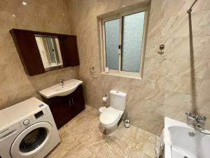 艾因西莱姆Seafront Apartment with Balcony Overlooking Marina的浴室配有卫生间、盥洗盆和洗衣机。