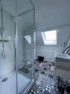 加来Les paddocks du dock I - Appart tout confort的浴室铺有黑白地板,设有玻璃淋浴间。