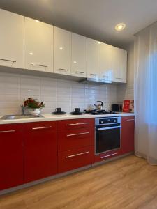 叶卡布皮尔斯Nameja Best view apartamenti的红色的厨房配有白色橱柜和炉灶