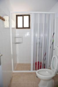 卡梅纳维洛拉Vasileiou Apartments的带淋浴和卫生间的白色浴室