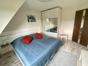 艾森纳赫Ferienhaus Auenblick DELUXE的一间卧室配有蓝色的床和两个红色枕头