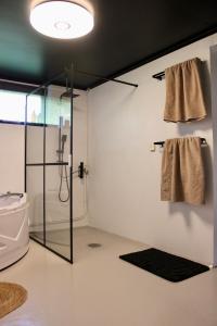 韦克舍73m2 Apartment with sauna in Växjö, Teleborg的带淋浴和玻璃淋浴间的浴室