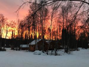 塔尔基特纳Susitna River Lodging, Riverside Cabins的日落前雪中的房子