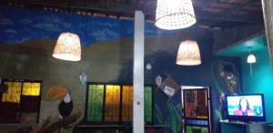 马瑙斯Arapiri Guest House的天花板上挂着三盏灯的房间