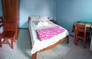 SauceHospedaje Franco-Peruano El Tambito的一张小床,上面有粉色和白色的毯子