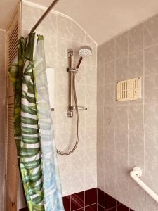 兰卡斯特'Melrose' at stayBOOM的带淋浴和浴帘的浴室