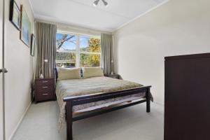 图朗伊Pukeko Lodge - Tūrangi Holiday Home的一间卧室设有一张床和一个窗口
