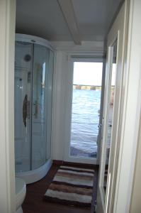 Kolonie Zernfeststehendes Hausboot的带淋浴和卫生间的浴室以及窗户。