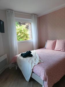 VerlinghemLes chambres du Vert Galant Rez de jardin的一间卧室配有一张带粉色和白色床单的床和窗户。