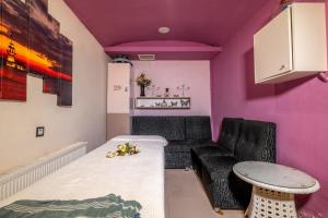 安塔利亚城市动态酒店的带沙发和紫色墙壁的客厅