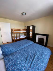 圣马洛Manoir Le Castel & Villa Beaumaris的一间卧室配有一张带蓝色毯子的床