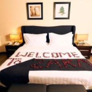 阿可贺巴扎拉大洲酒店的一张带黑白毯子和两盏灯的床