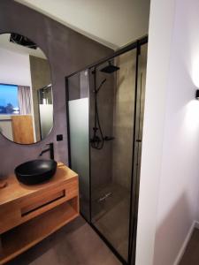 阿约斯尼奇塔斯Mandevilla Hillside Luxury Villas的带淋浴、水槽和镜子的浴室