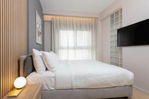 雅典LUX&EASY Athens Downtown Residences的一间卧室设有一张床、一个窗口和一台电视