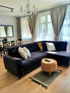 埃尔布隆格Apartament Amber Dwie Sypialnie Stare Miasto的客厅配有蓝色的沙发和桌子