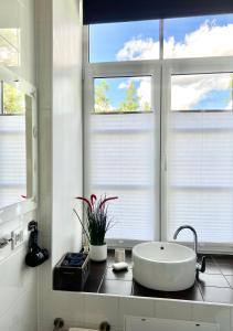 拉克韦雷Vabriku 6 Apartment with sauna的一间带水槽和大窗户的浴室