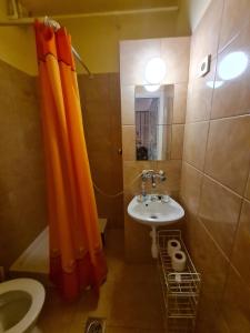 尼赖吉哈佐Jocó Panzió的浴室设有橙色淋浴帘和水槽