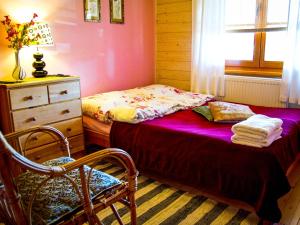 KostrzycaKarkonoskie Siodło的一间卧室配有一张床、梳妆台和椅子