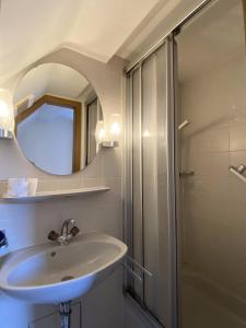 阿尔布斯塔特Hotel & Hostel Albstadt的浴室配有盥洗盆和带镜子的淋浴