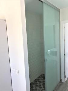 韦尔瓦Luxury Attics Plaza Punto PARKING INCLUIDO的浴室内玻璃淋浴间,设有 ⁇ 面板