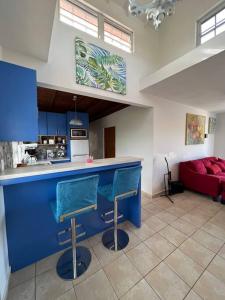 伊莎贝拉Playa y Campo Getaway Apartment, with Hot Tub的厨房配有蓝色的柜台和红色的沙发