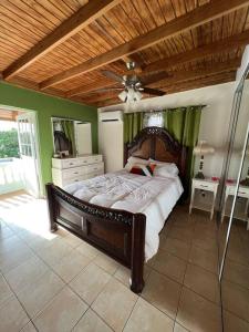 伊莎贝拉Playa y Campo Getaway Apartment, with Hot Tub的一间卧室配有一张大床和木制床头板