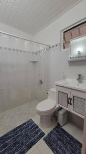 伊莎贝拉Playa y Campo Getaway Apartment, with Hot Tub的白色的浴室设有卫生间和水槽。