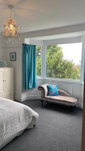 贝克斯希尔Bexhill Luxury Sea Stay Flat 2的一间带沙发和大窗户的卧室