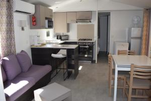 加斯泰Mobilhome 526 3ch/2SDB camping 4* La Réserve SIBLU Gastes的客厅以及带沙发和桌子的厨房。